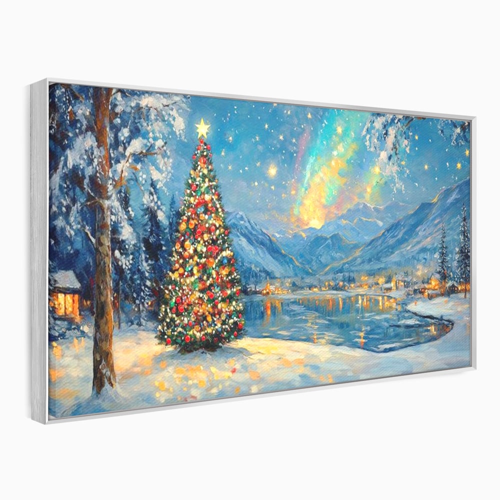 Tablou canvas cu pictura cu brad de craciun pe malul lacului, in rama de aluminiu argintiu